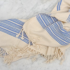 Turkish Bath Sarong with Blue Stripes | Cotton, Handwoven, Large, Absorbent Beach Towel with Tassels | Spa Hammam Cover Up | CHARM