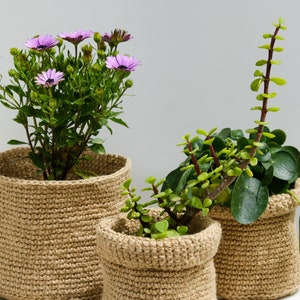 Jute Crochet Planter | Interior Storage Basket | Bathroom Bedroom Organizer Basket | Decorative Natural Indoor Planter | Stacking Baskets