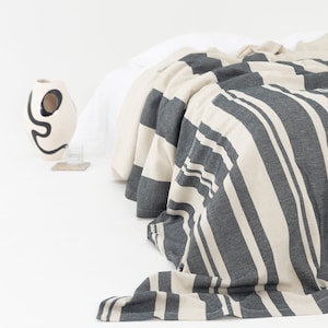 Handwoven Cotton Linen Blanket | Limited Edition Designer Bedspread | Black Striped Bed cover | Queen King Coverlet | Gift Idea | HUES NR.7