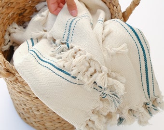 May include: A white cotton throw blanket with blue stripes and fringe. The blanket is folded and placed in a wicker basket.