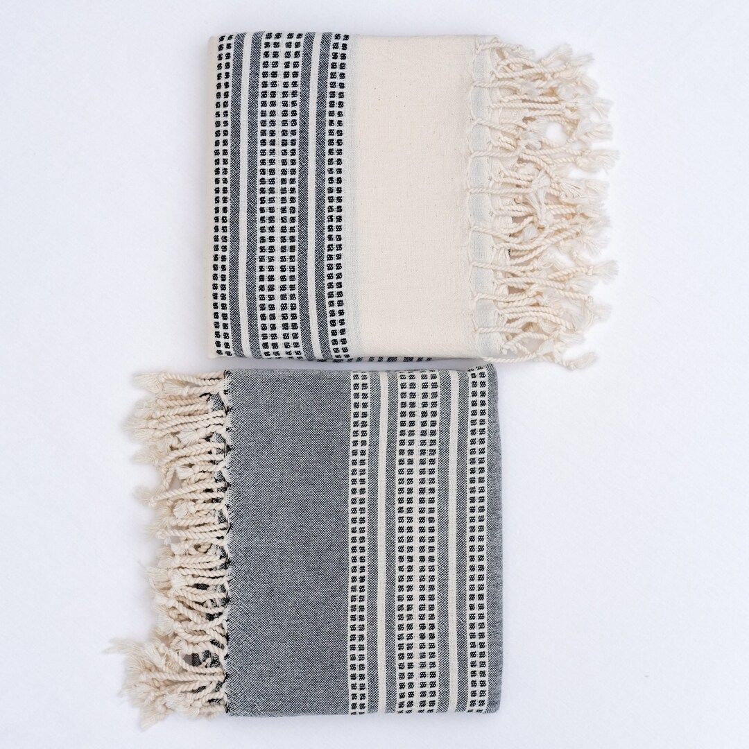 Turkish Bath Towel Set Black and White Fringed Spa Towels Etsy