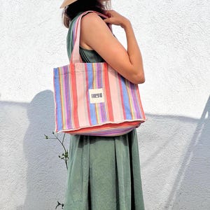 Linen Tote Bag with Colorful Stripes | Extra Large Beach Bag| Handwoven, Shopper Bag | Travel Tote Bag| Best Birthday Gift | PRISM
