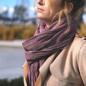 May include: A woman wearing a mauve scarf and a tan trench coat. The scarf is draped around the neck and shoulders. The coat has a classic design with a notched collar and a double-breasted closure.