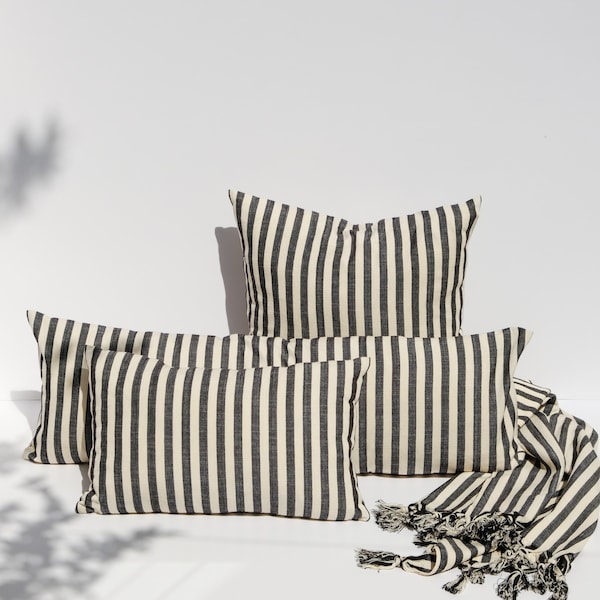 Striped Outdoor Cushion Cover | Cotton Black White Pillow Cover | Decorative Throw Pillow | Livingroom Decor | Handwoven Sofa Pillow | Night