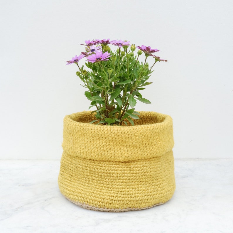 May include: A yellow crocheted planter with a small plant with purple flowers. The planter is made of natural fibers and has a rustic look.