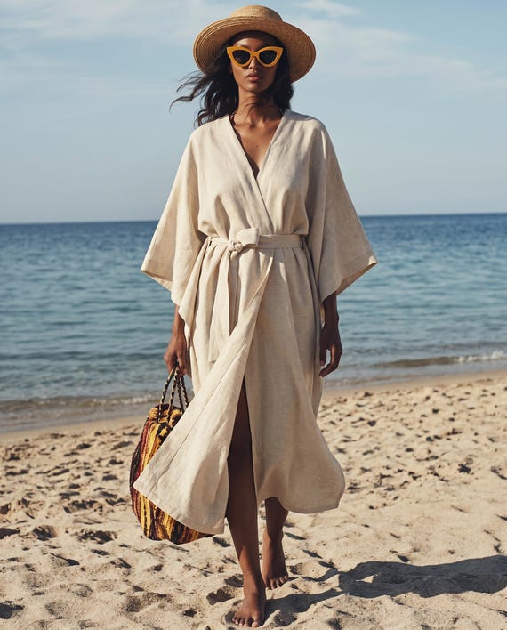 Handwoven Linen Cotton Kaftan | Cream Boho Beach Kimono Dress