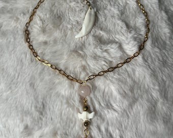 rattlesnake vertabrae and rose quartz necklace/choker