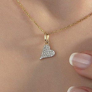 Pave Elongated Dainty Heart Necklace with CZ Diamonds, 14K Gold Heart Shape Necklace, Personalized Fine Jewelry, Minimal Heart Necklace