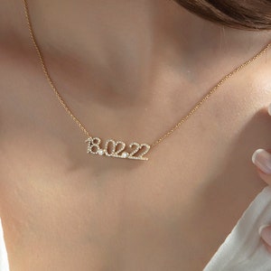 Pave Date Necklace with CZ Diamonds, Custom Birthday Plate Necklace, Personalized Necklace, Handmade Jewelry, 14K Gold Date Necklace
