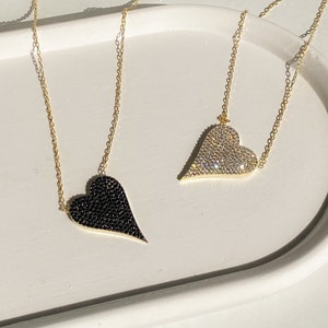 Heart necklace - Pave Elongated Heart Pendant- Gold heart necklace - Pave heart necklace -14k gold heart necklace - elongated heart necklace