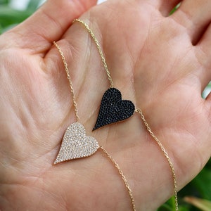 Heart necklace - Pave Elongated Heart Pendant- Gold heart necklace - Pave heart necklace -14k gold heart necklace - elongated heart necklace