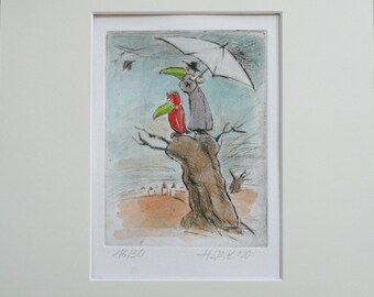 Etching with passe-partout hand-colored "Greenhorns" autumn original print