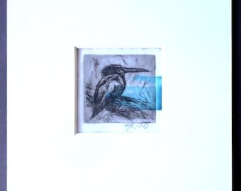 Etching hand-colored "Kingfisher" miniature small picture with passe-partout