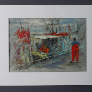 Origineel schilderij &quot;In de vissershaven&quot; met passe-partout gouache klein schilderij