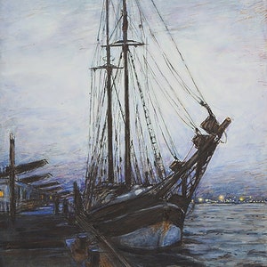 Żaglowiec port oryginalny obraz mały obrazek z passepartout &quot;Żaglowiec w porcie nocą&quot;