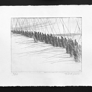 Etching &quot;Return of the Marionettes&quot; hand print group of people marching