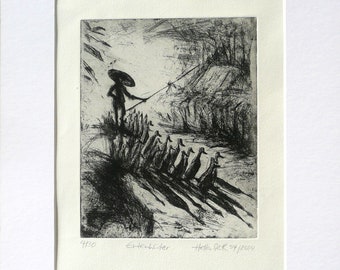 Etching "Shepherd" with passepartout original print