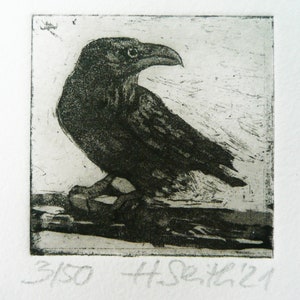 Etching "forward-looking raven" with passe-partout aquatint