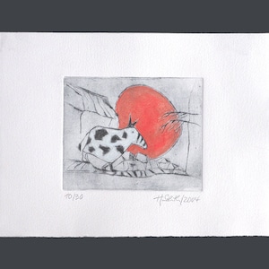 Radierung mit Passepartout "Abendsonne"  roter Mond handkoloriert poetisches kleines Bild