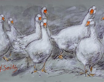Oche bianche. Disegno originale di grandi dimensioni a colori. Pezzo unico. 32 x 50 cm.