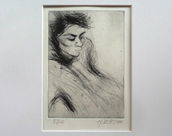 Etching with mount "Portrait" drypoint young woman