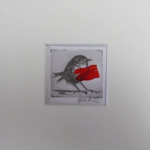 Può includere: Una stampa quadrata incorniciata che raffigura uno schizzo in bianco e nero di un piccolo uccello con una macchia rettangolare rossa brillante sul petto. L'opera è firmata e datata H.SeR '22 in basso, inserita in una cornice bianca.