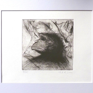Op de afbeelding: Een zwart-wit ets van een figuur met een donker, getextureerd oppervlak. De print is genummerd 4/20 en gesigneerd "H.S.K. 2000".
