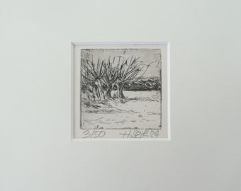 Radierung mit Passepartout "Weiden" kleines Bild Landschaft Miniatur