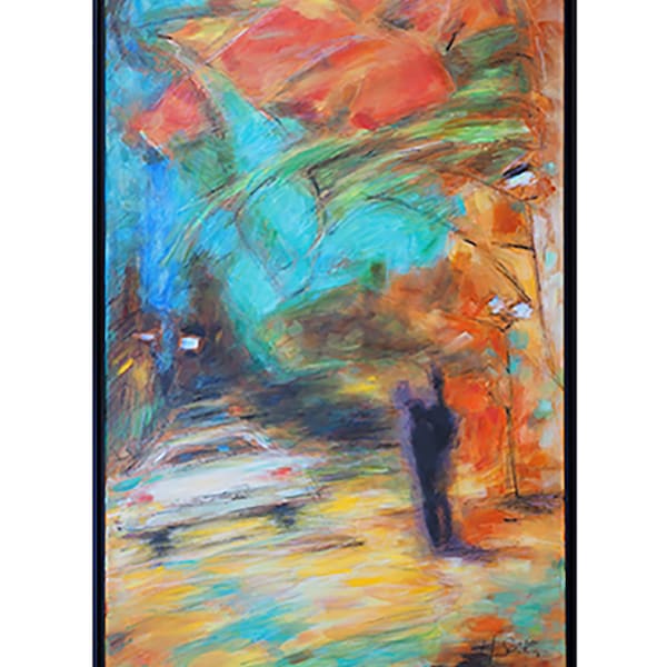 Peinture originale "au bord de la route" acrylique avec trou d'ombre grand tableau couleurs vives