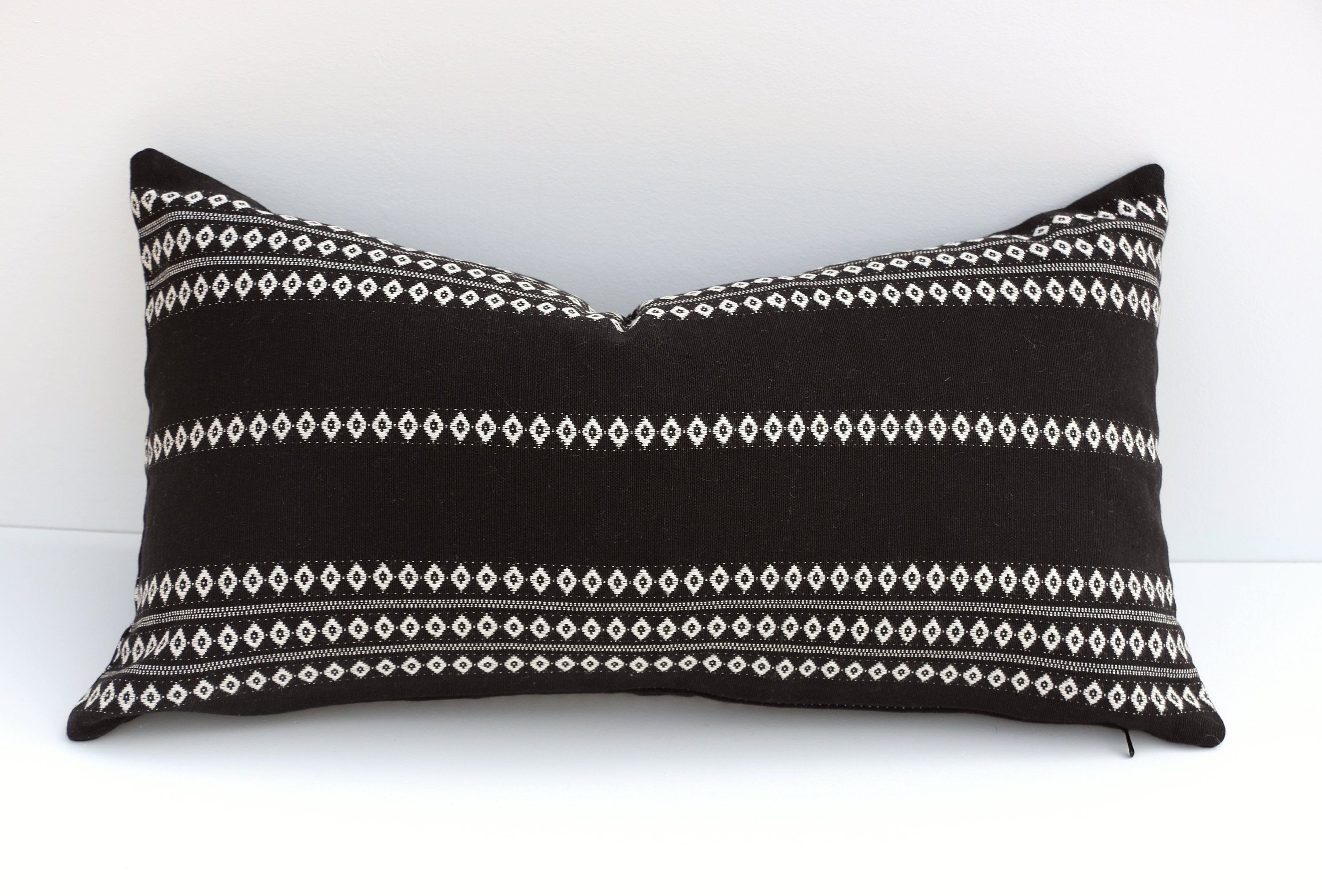 Black & White Boho Pillow / Black Embroidered Pillow / 12x21 Etsy