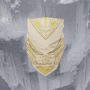 May include: A beige bandana with a geometric pattern in gold. The pattern includes arrows, triangles, and the text "AVATIZE" and "SHADOWFOX".