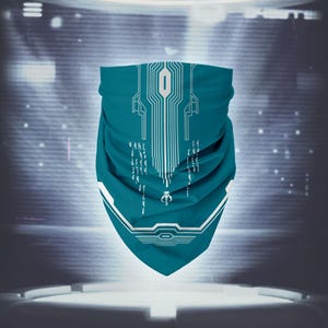 May include: Teal neck gaiter with a white circuit board design. The design features vertical lines, a central oval, and text. The fabric is folded, creating a layered effect. The background is a blurred, futuristic setting.