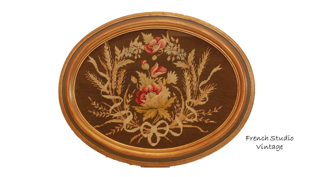Tapisserie Vintage Français avec Cadre en Bois Aiguille Florale Made in Paris Mid Century Artwork Wa