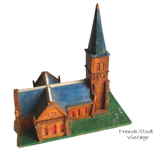 Vintage Wood Church Models Hand Carved Rustic Architectural Display/ French Studio Vintage
