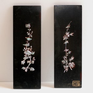 Vintage Pair Lacquer Wood Panels  Inlaid Mother of Pearl Flowers Birds Wall Hanging Asian Art Display/ French Studio Vintage