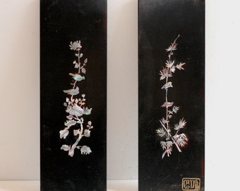 Vintage Pair Lacquer Wood Panels  Inlaid Mother of Pearl Flowers Birds Wall Hanging Asian Art Display/ French Studio Vintage