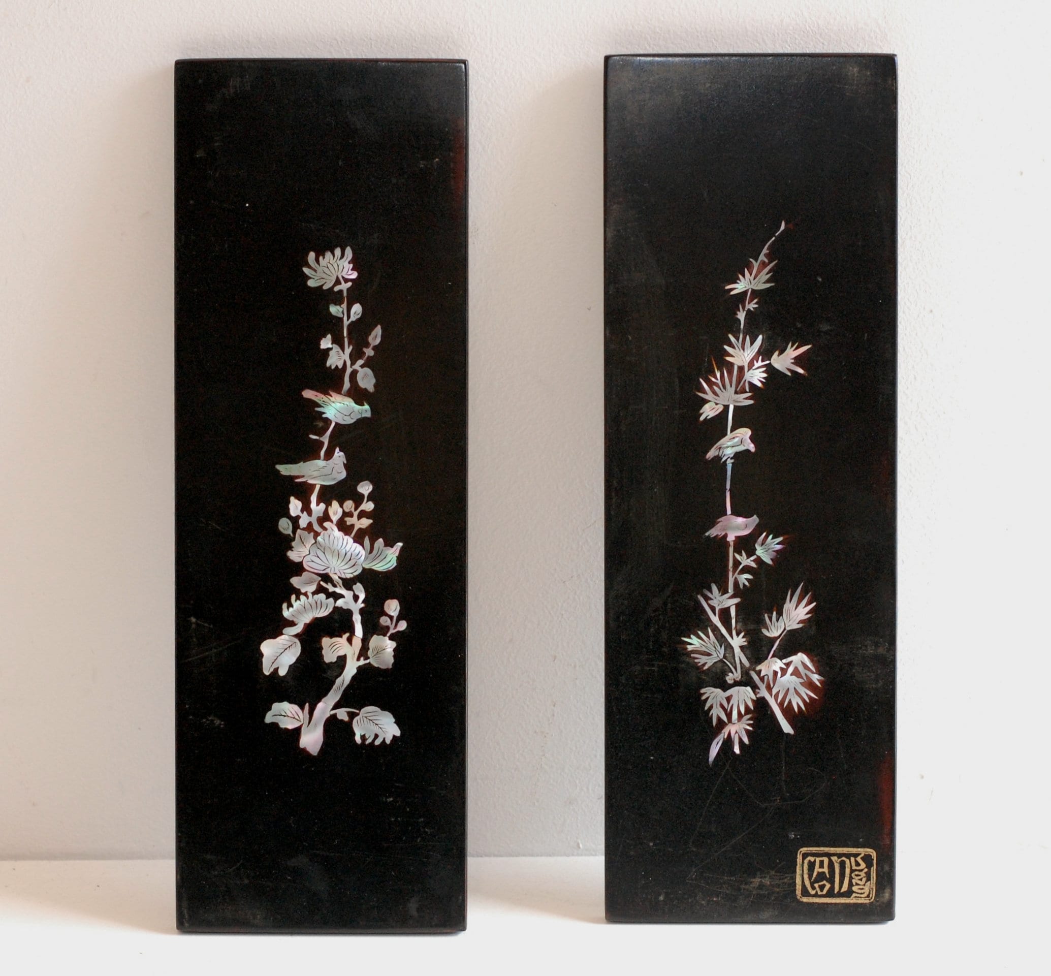Vintage Pair Lacquer Wood Panels Inlaid Mother of Pearl
