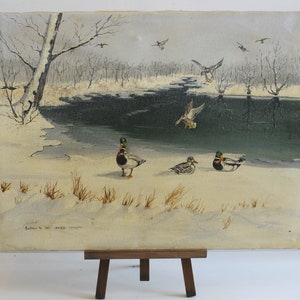Vintage French Oil Painting on Canvas Natural Scenery Birds Signed By Artist Wall Art Display/ French Studio Vintage