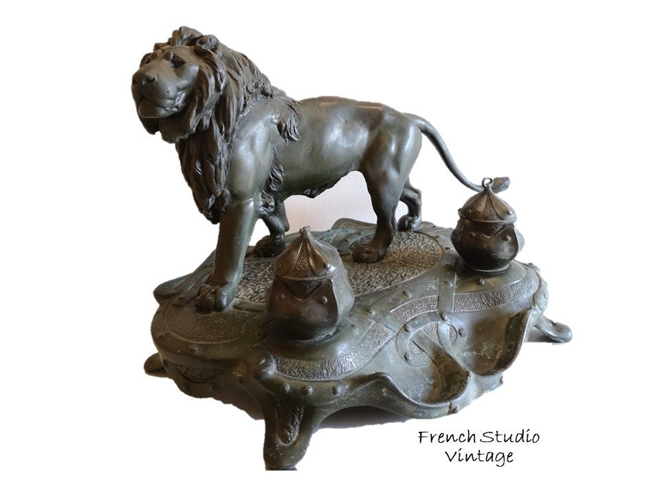 Antique Français Bronze Double Encrier Lion Figurine Bureau Décor Affichage Cadeau Pour Lui/studio V