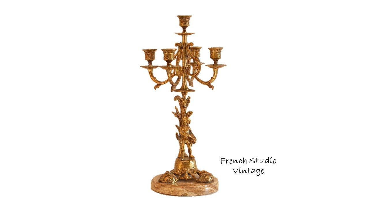 Ancien Grand Candélabre en Bronze Bougeoir 5 Bras Base en Marbre Art Nouveau Chandeliers/Français St