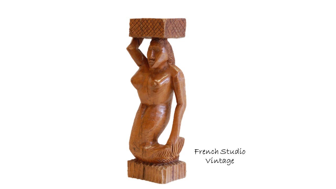 Vintage Grande Statue Africaine en Bois Figurine 19 Sculpté à La Main Dame Sculpture Ornements Natur