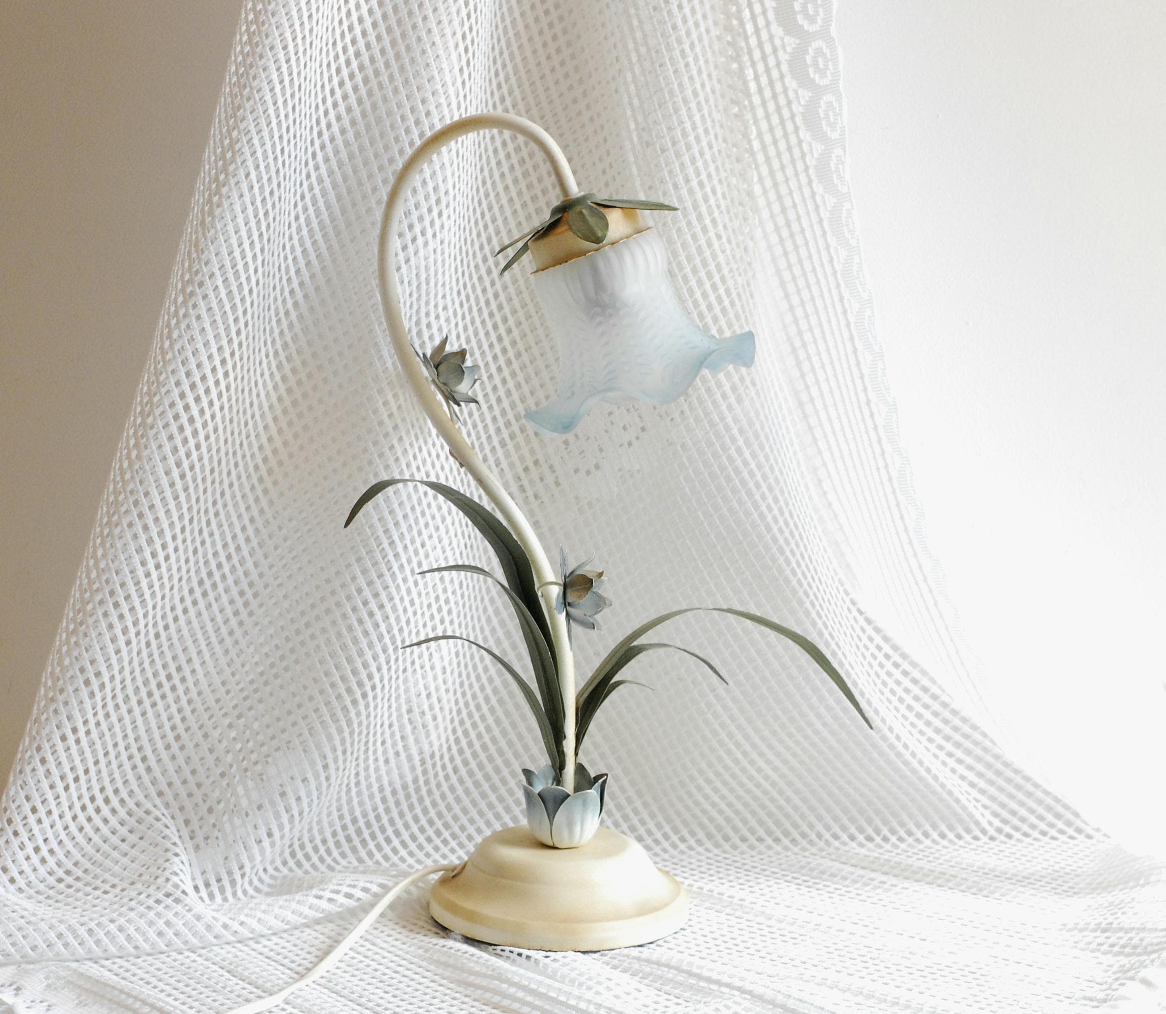Vintage French Table Lamp: Floral Metal Base, Blue Glass Shade - Etsy