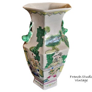 Stary chiński ceramiczny wazon Famille Rose Duży 15' Malowany ręcznie Tradycyjny charakter Orientalna sztuka Kolekcjonerska / Francuskie Studio Vintage