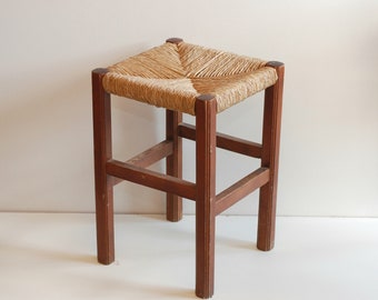 Vintage French Wooden Stool: Straw Seat Plant Stand