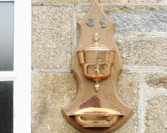 Vintage French Copper Lavabo: Oak Wall Hanging Fountain, Garden Decor