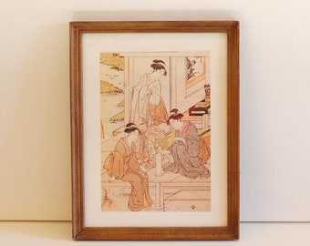 Vintage Japanese Print Woolbock Printing Geisha Scene Wood Frame Singed Asian Art Display/ French Studio Vintage