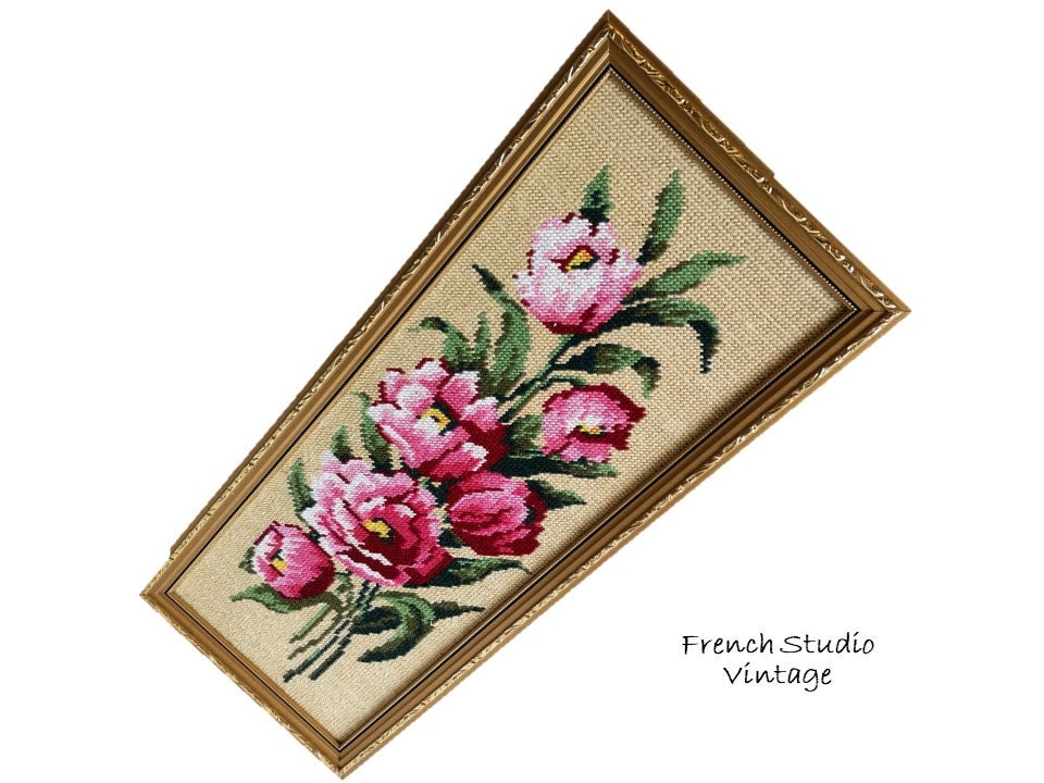 Vintage Français Cadre en Bois Cross Stitch Fleurs Grande Tapisserie Artisanat Wall Hanging Picture