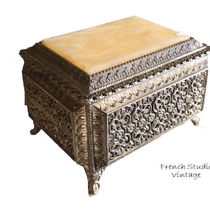 Vintage French Jewellery Box Trinket Box Storage Marble Top Metal Box / French Studio Vintage