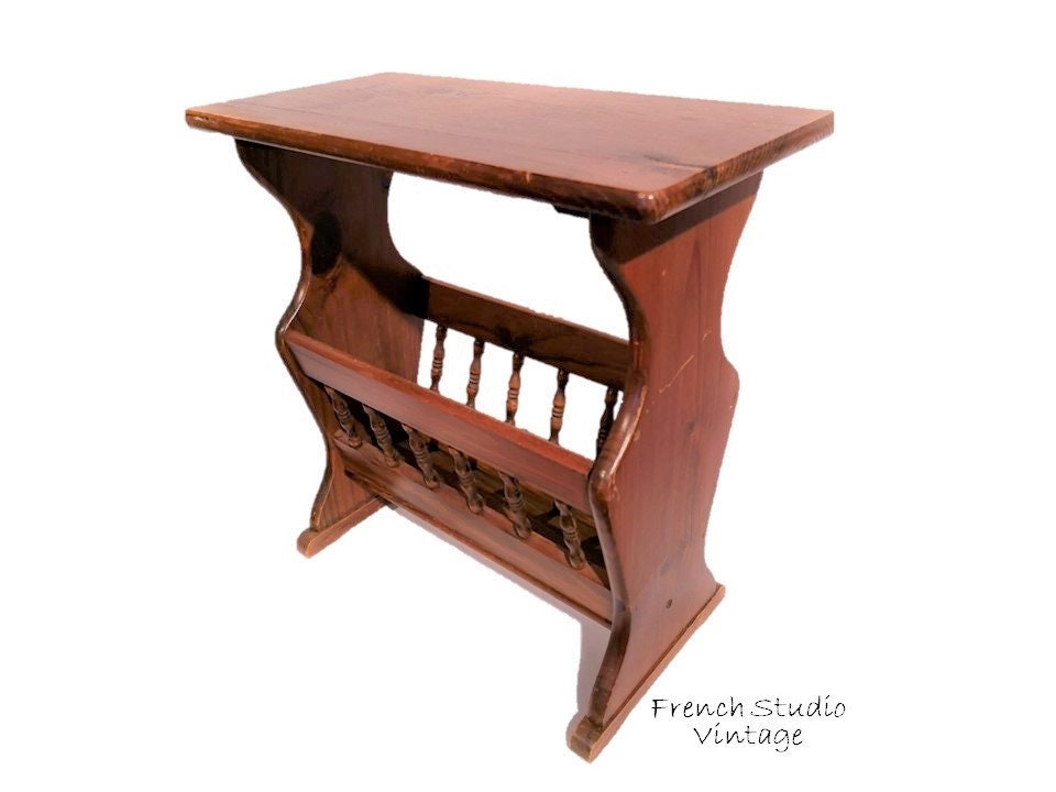 Vintage wood side table on sale with magazine rack