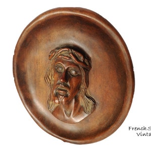Vintage Wooden Plaque Hand Carving of Jesus Religious Relief Wall Hanging Display/French Studio Vintage